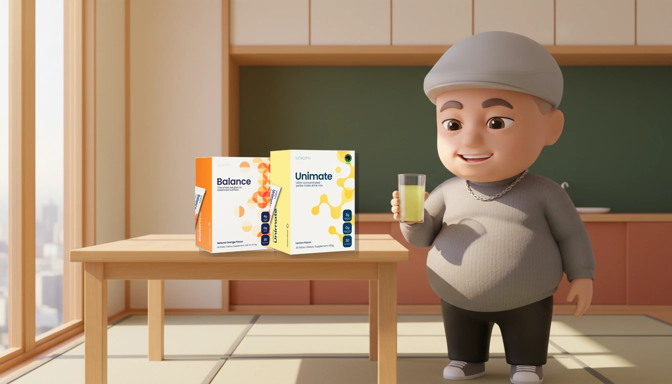 ユニマテの黄色い飲み物を手にし、机にユニマテとバランスを置いたてらちゃんの3Dイラスト