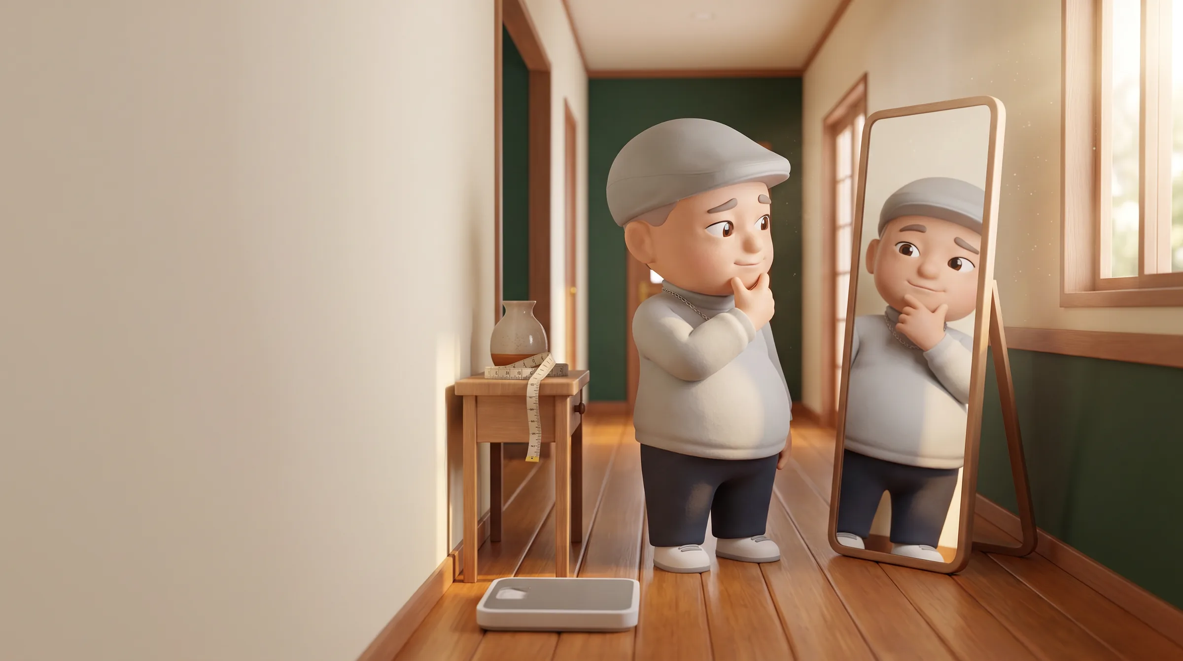鏡の前で自分の体を見つめる脳梗塞おじさんの3Dキャラクター
