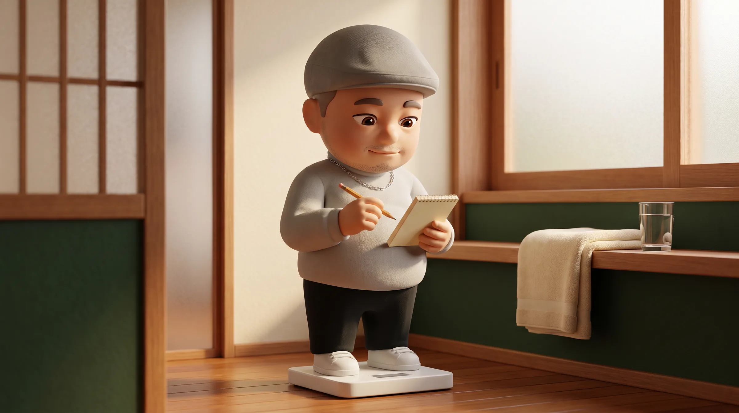 体重計に乗ってメモを取る脳梗塞おじさんの3Dキャラクター