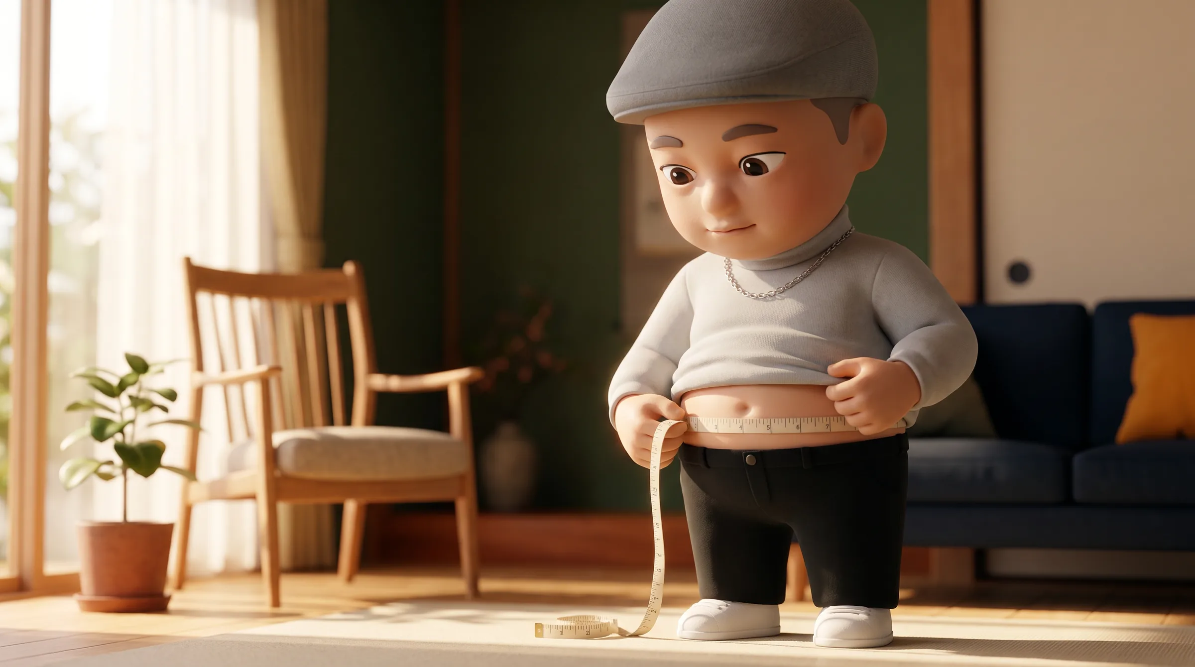 メジャーで自分の腹囲を測る脳梗塞おじさんの3Dキャラクター