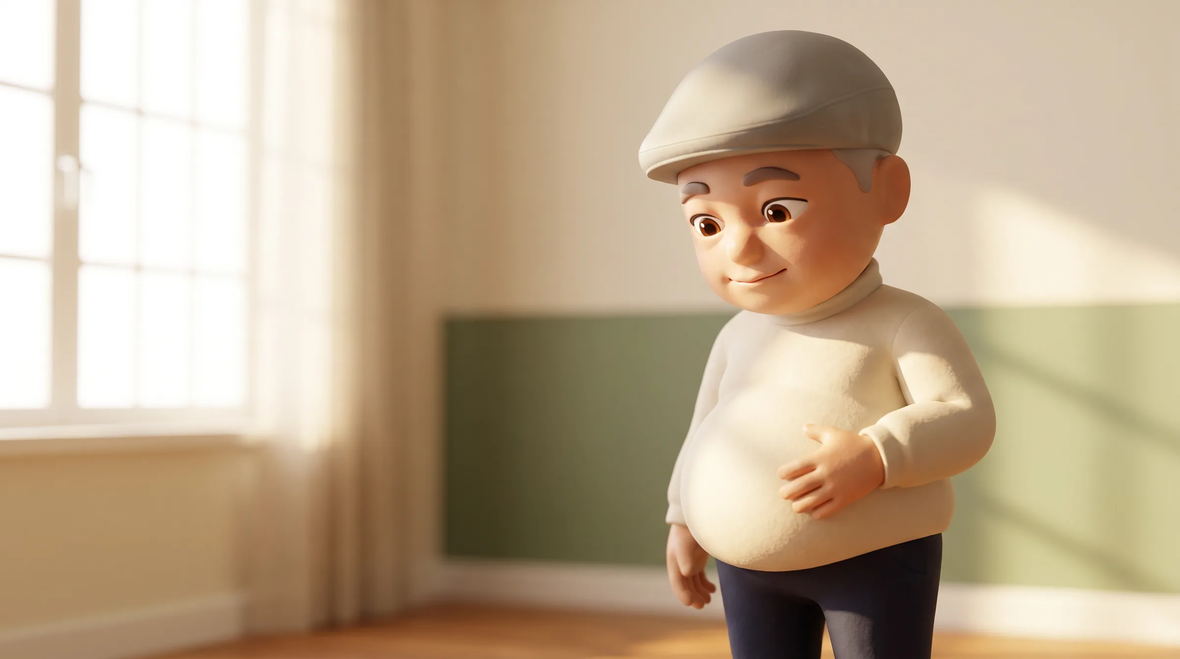 体の中で脂肪が蓄えられる仕組みを考える脳梗塞おじさんの3Dキャラクター