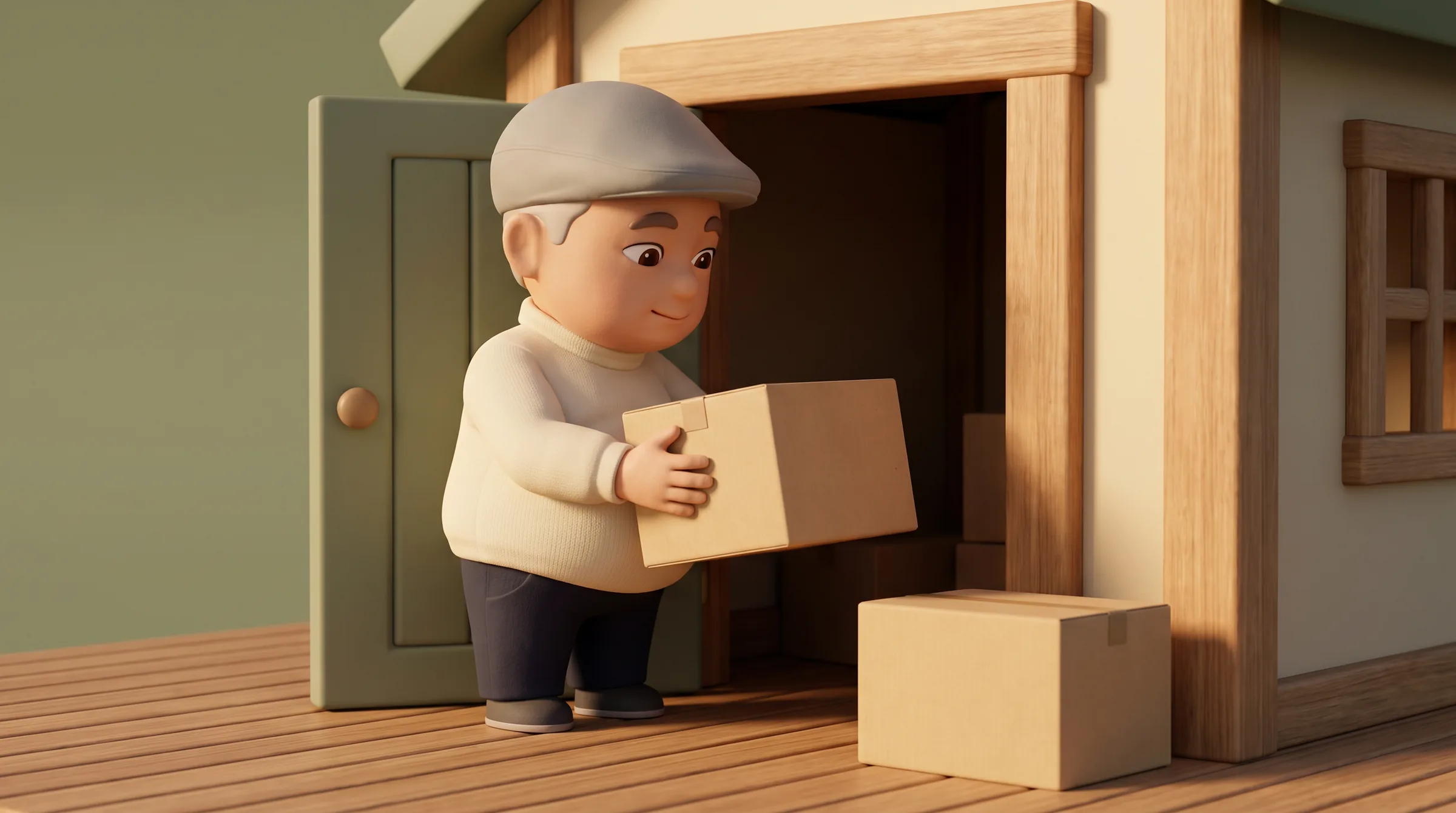 脂肪の倉庫から箱を出し入れする脳梗塞おじさんの3Dキャラクター