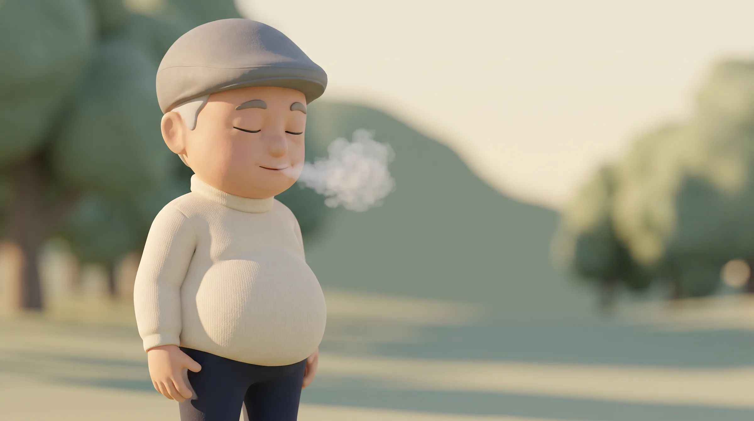 寒い空気の中で白い息を吐く脳梗塞おじさんの3Dキャラクター