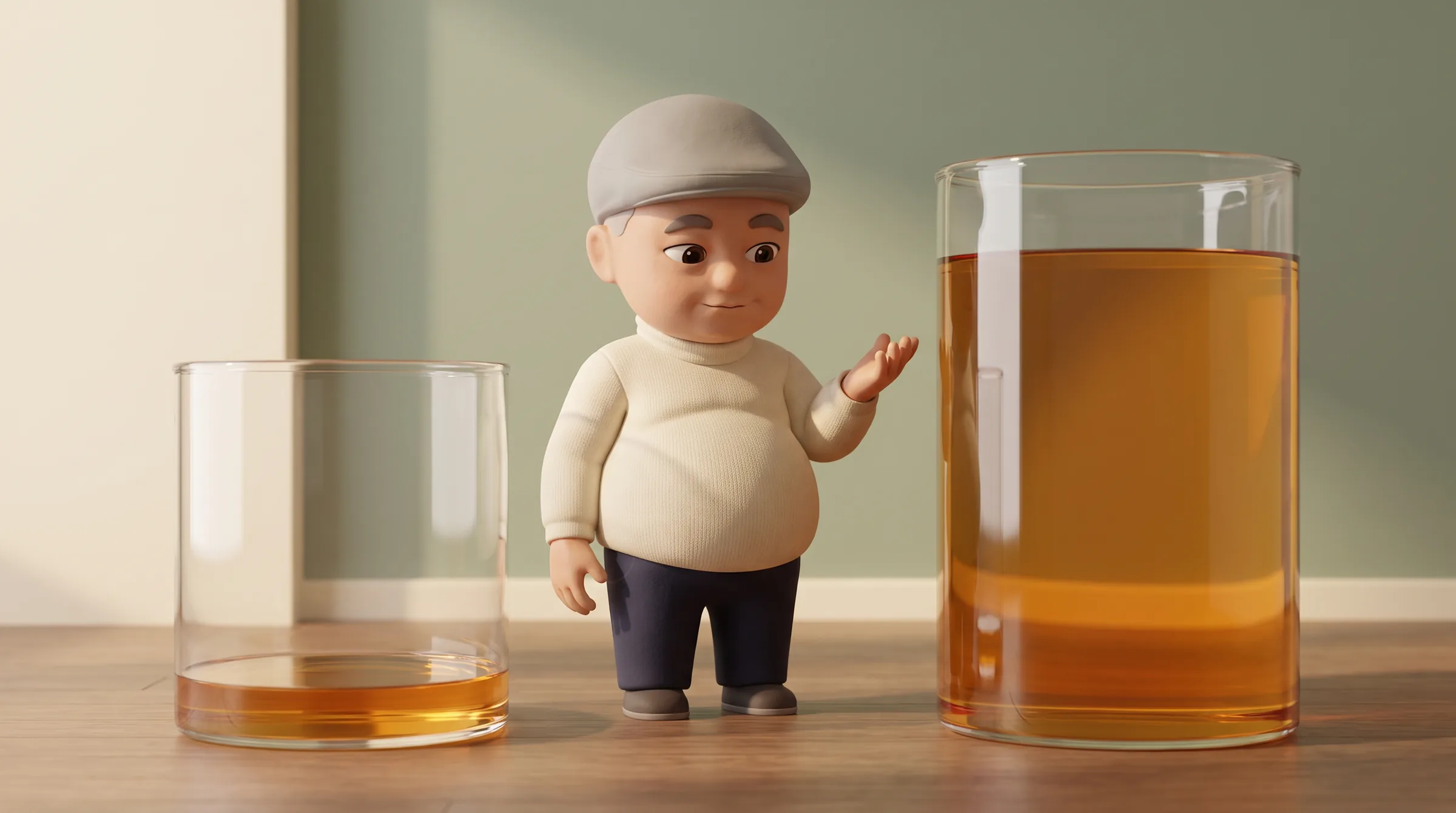 中身の量が見える透明な容器を確認する脳梗塞おじさんの3Dキャラクター