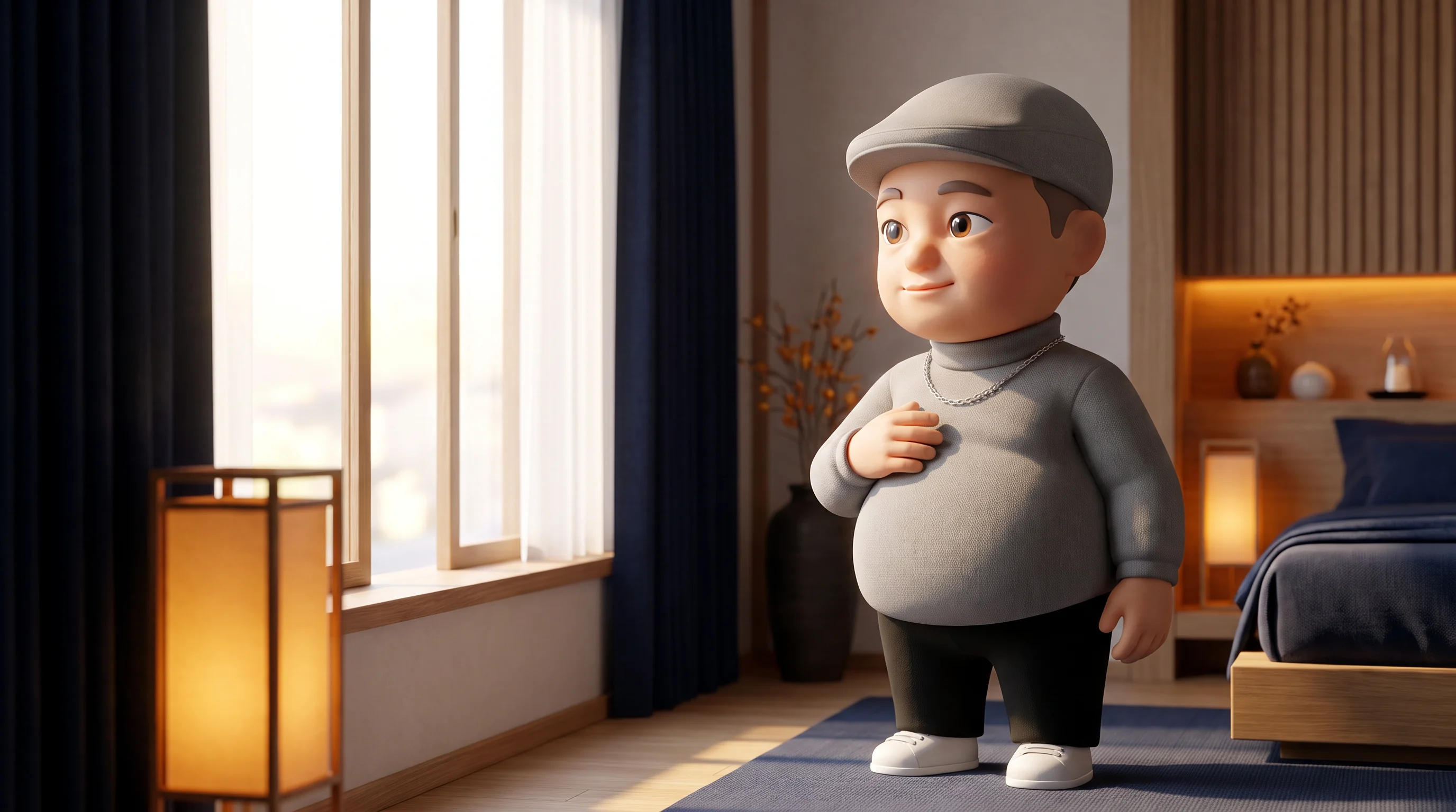 窓辺で自分の健康を見つめる脳梗塞おじさんの3Dキャラクター