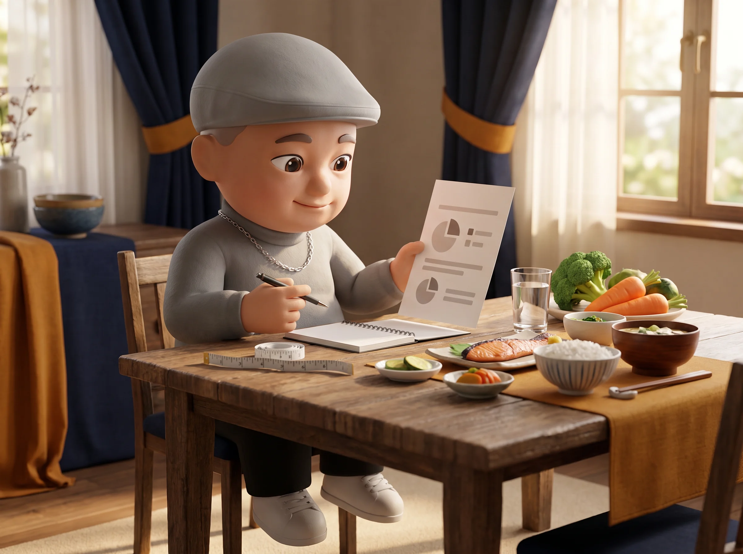 健診結果と食事を見ながら健康について学ぶ脳梗塞おじさんの3Dキャラクター