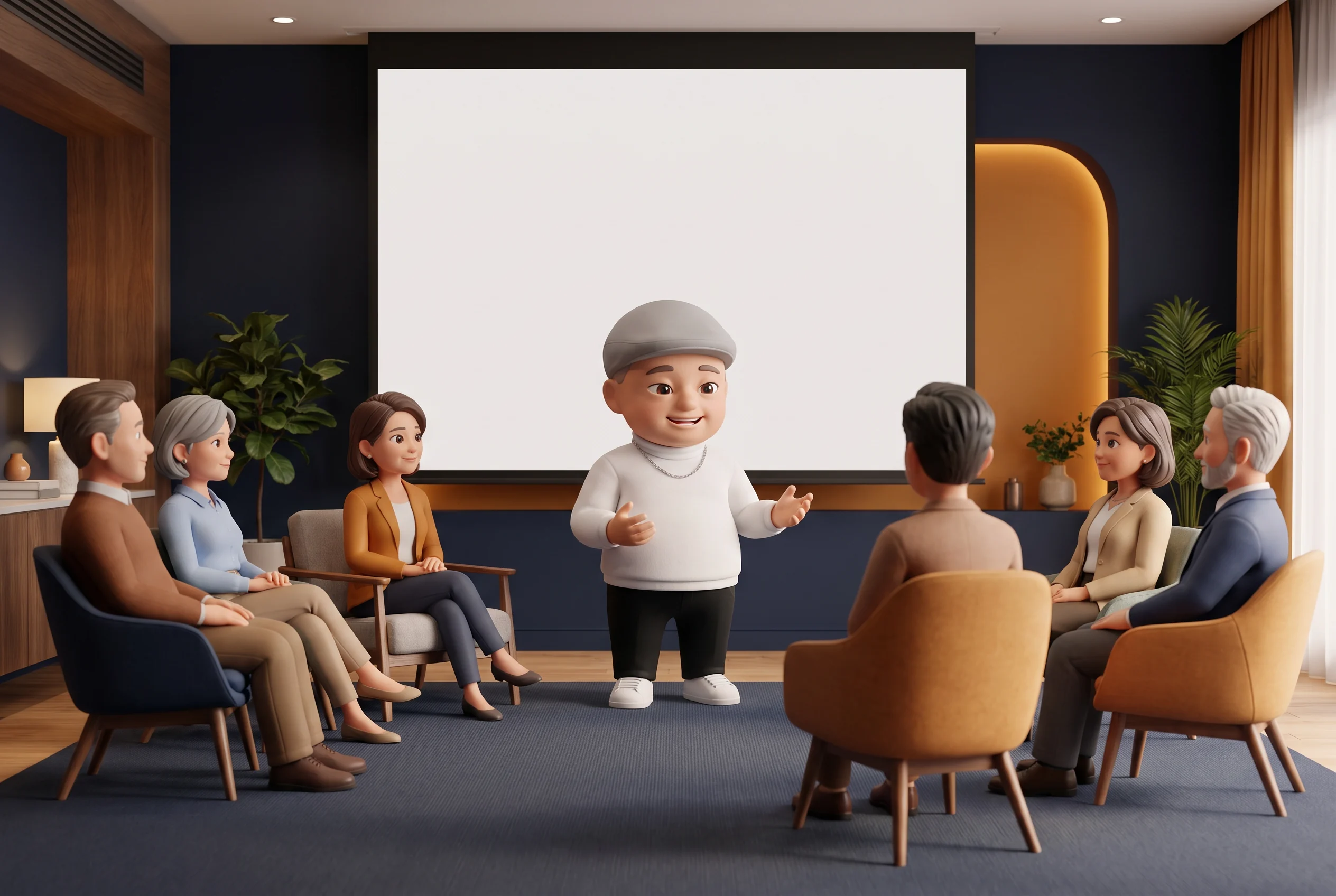 少人数の健康セミナーで話す脳梗塞おじさんの3Dキャラクター