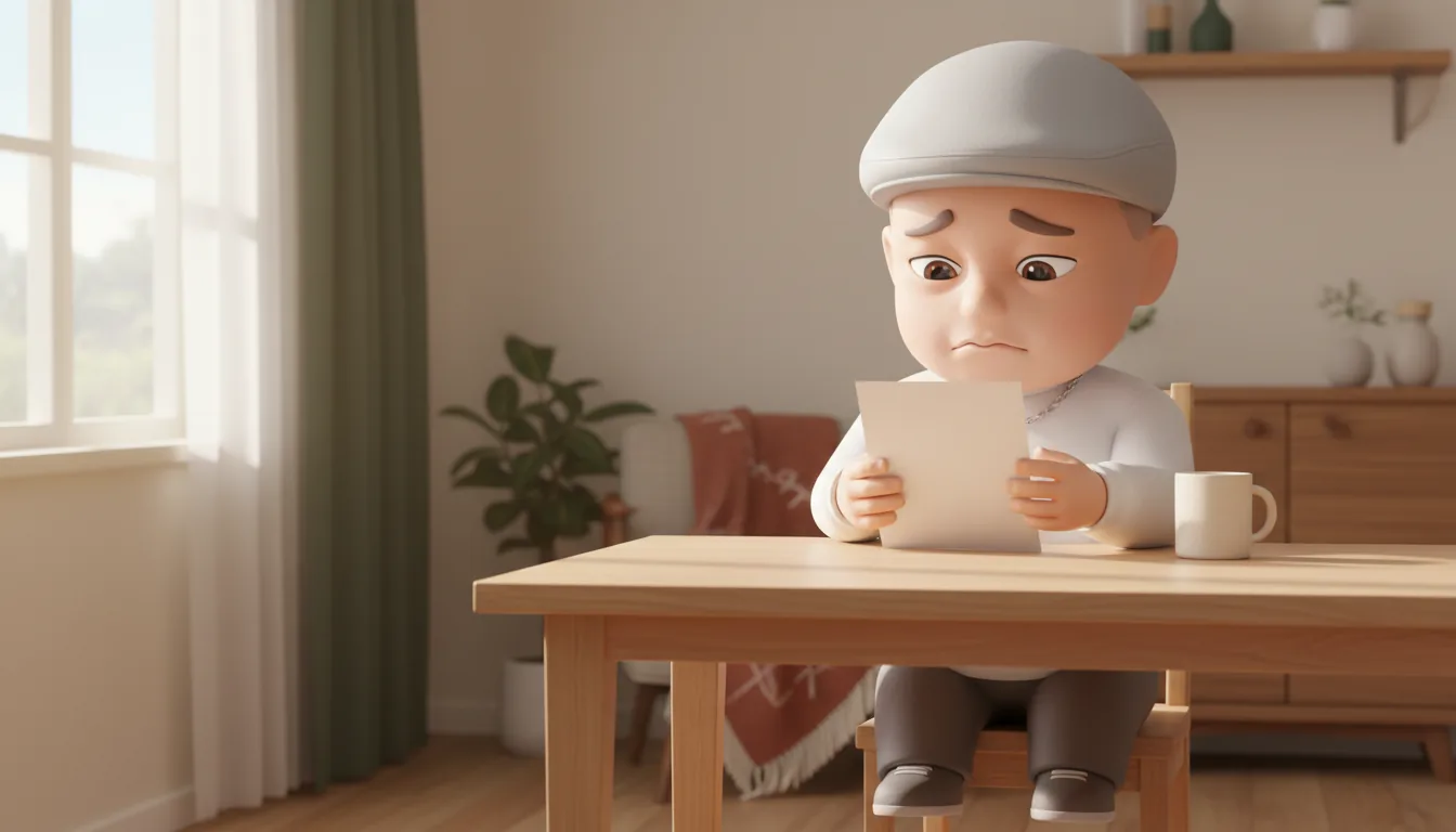 健康診断の結果票を手に考え込むてらちゃんの3Dキャラクター