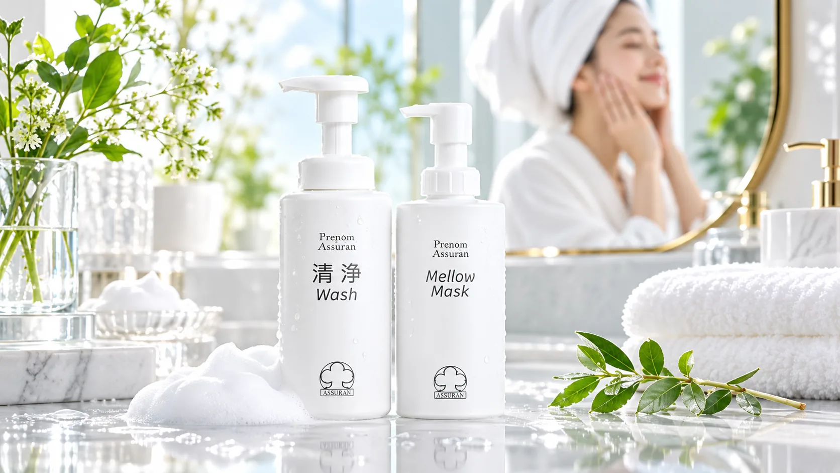 洗面台に並ぶ清浄とMellow Maskのボトル、鏡越しに洗顔する場面