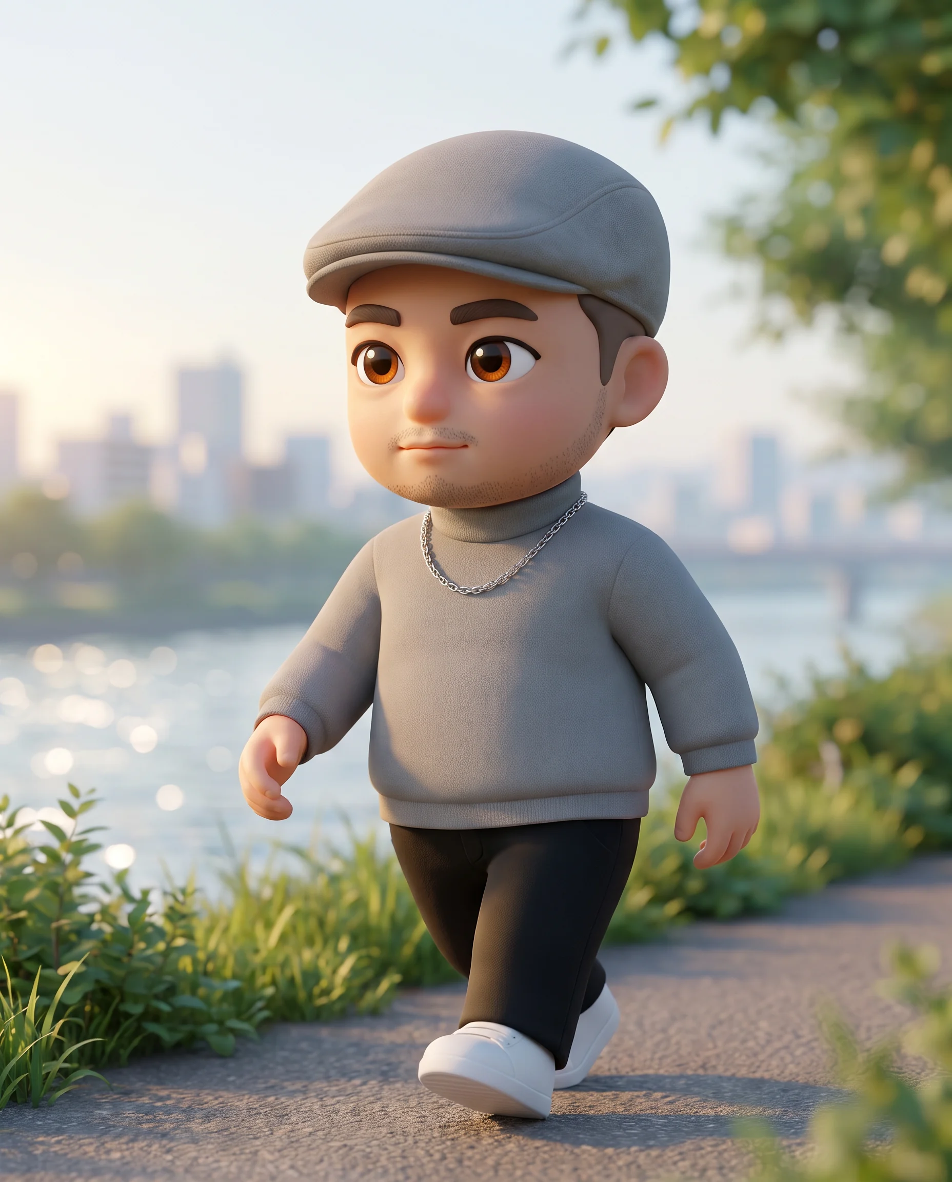 川辺を歩きながらこれからを見つめる脳梗塞おじさんの3Dキャラクター