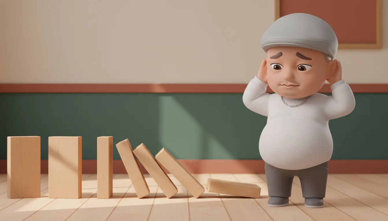 音のしないドミノに気づかない脳梗塞おじさんの3Dキャラクター